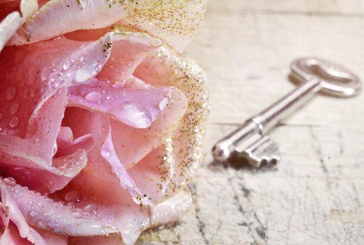 Close up of a beautiful rose and a old key