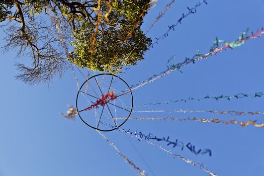 Fairy lights hanging from a tree in India during celebrations and festivals, any orientation, colours and rich blue sky