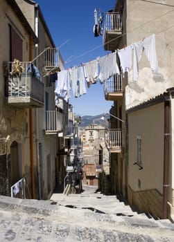 White laundry hanging to dry on a clothes-line, Leonforte - Italy