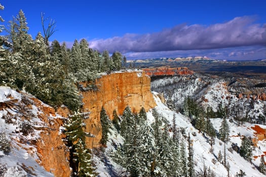 Snow covered cliffs of Bryce Canyon National Park of Utah.