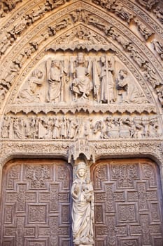 View of Virgin Mary statue on the Leon Cathedral, Spain