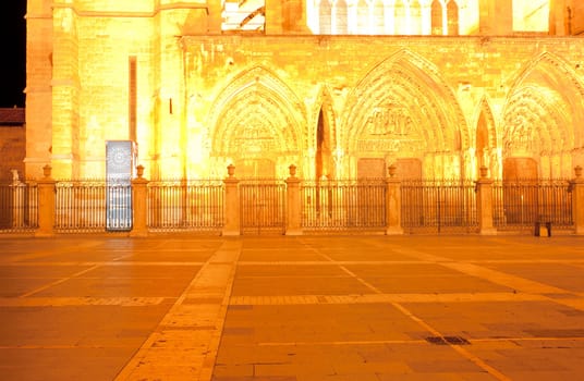 View of Leon Cathedral at sunset, Spain