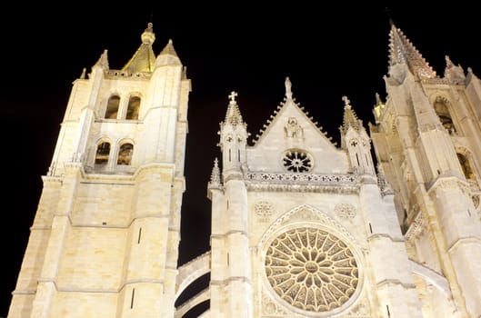 View of Leon Cathedral at sunset, Spain