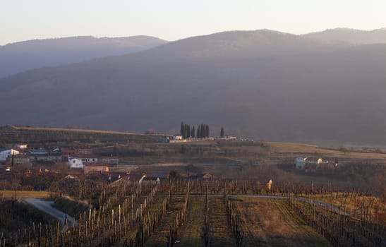 View of Slovenian countryside in the sunset