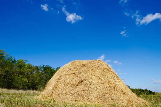 stack of straw under deep blue sky