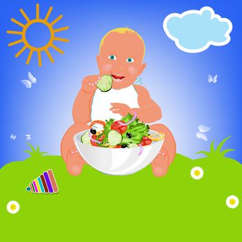 Child and fresh vegetable salad on a green summer meadow
