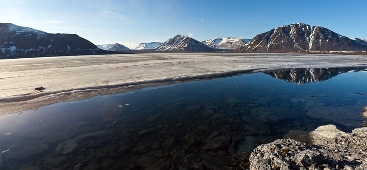 Cylindrical panorama of spring mountain lake