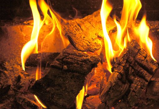 Fire in the fireplace, cold winter evening in Sibiria