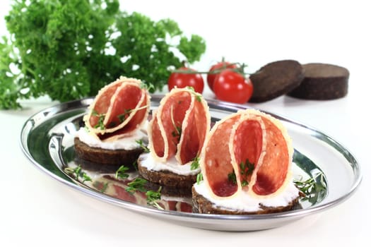 Canapes with salami, cream cheese and garden cress