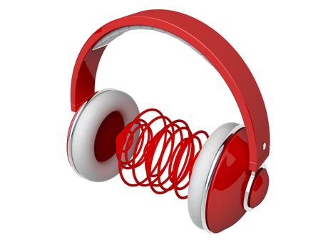 Red headphones with sound waves