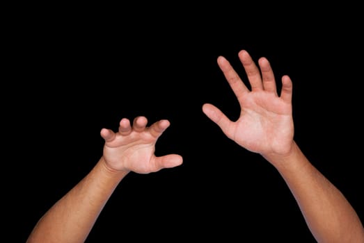 Men's arms elbow grab isolated on black background