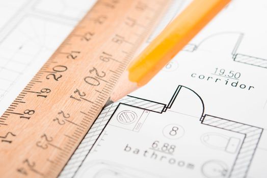 Drafting Tools and blueprint . Pencil etc.