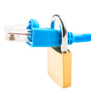 Padlock and network cable on white background