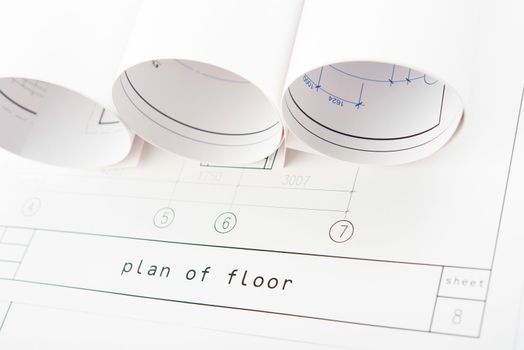 Several Rolls of Blueprints . Architecture concept.