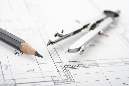 Drafting Tools and blueprint . Pencil etc.