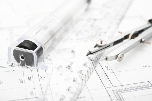 Drafting Tools and blueprint . Pencil etc.