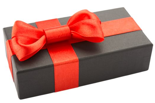 Black gift box with red bow, isolated on white background