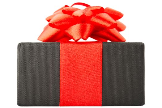 Black gift box with red bow, isolated on white background