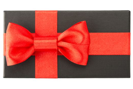 Black gift box with red bow, isolated on white background