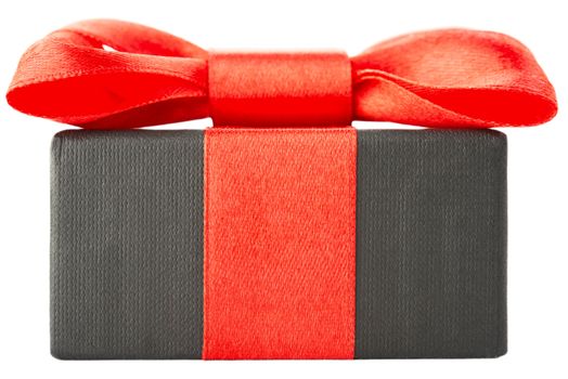 Black gift box with red bow, isolated on white background