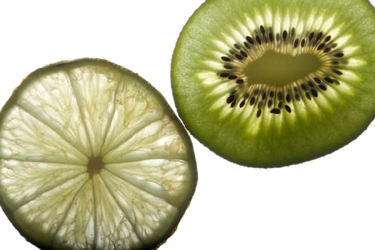 lemon and kiwi fruit isolated on white background 