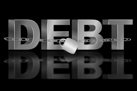 Illustration depicting the word 'debt' with a chain and padlock. Black background and reflecting into foreground.