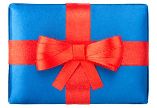 Blue gift box with red bow, isolated on white background