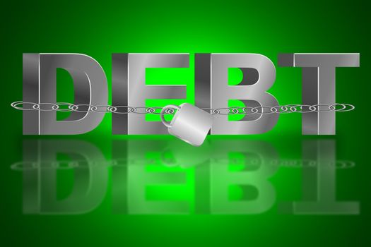 Illustration depicting the word 'debt' with a chain and padlock. Green light effect background and reflecting into foreground.
