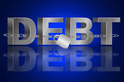 Illustration depicting the word 'debt' with a chain and padlock. Blue light effect background and reflecting into foreground.