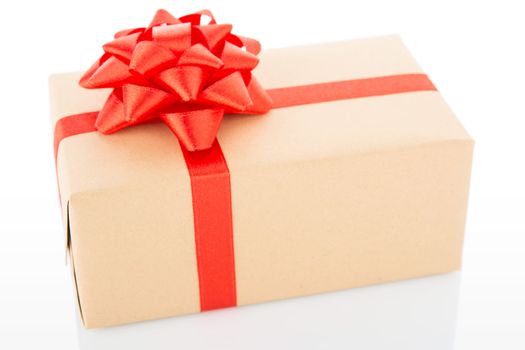 Vintage gift box with red bow, isolated on white background