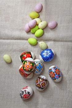 Painted Colorful Easter Eggs on linen fabric
