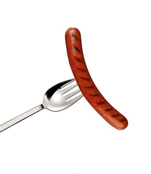 Close up of sausage and fork isolated