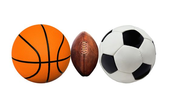 A group of sports balls on a white
