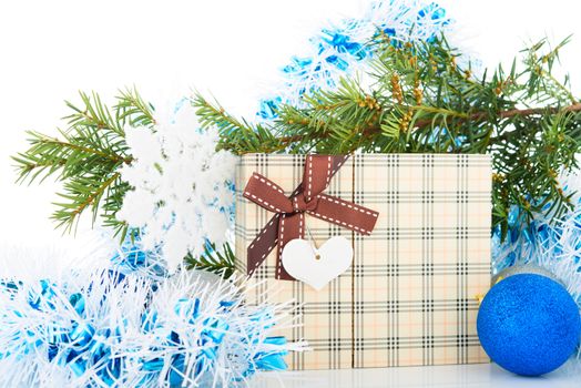 Christmas tree and decorations on white background.