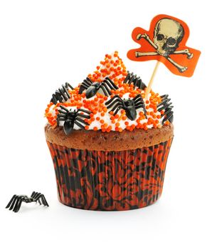 Halloween cupcake with decoration isolated on white