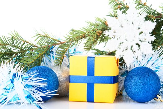 Christmas tree and decorations on white background.