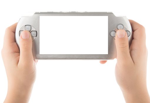 Two hands holding portable game, playing games, clipping path