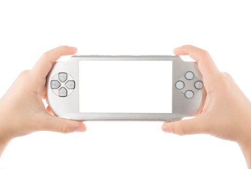 Two hands holding portable game, playing games, clipping path