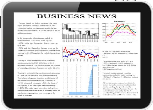 Illustration of tablet pc with business news on screen.