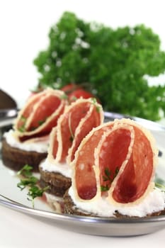 Canapes with salami, cream cheese and garden cress