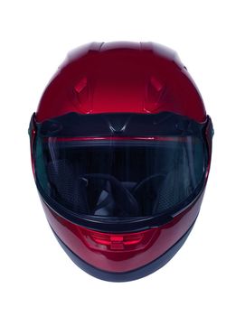 Red motorcycle helmet with blue glass isolated on white with clipping path. Front view