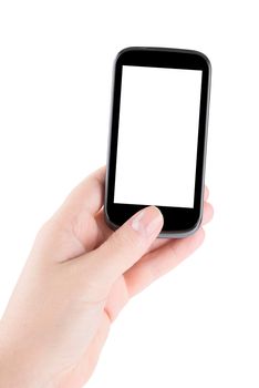 Blank touch screen of smart phone in a hand