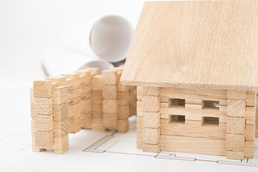 wooden house on an architectural plans and blueprints