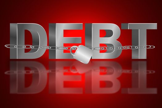 Illustration depicting the word 'debt' with a chain and padlock. Red light effect background and reflecting into foreground.