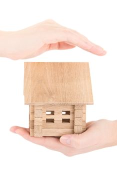 small wooden house in a female hands
