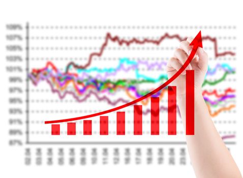 Hand drawing red arrow on graph background