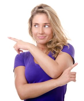 blonde young woman shows advertising gestures and emotions