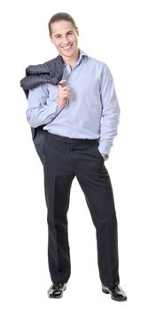 Businessman gesturing with emotions on a white background