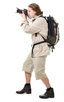 young man - tourist with backpack on a white background