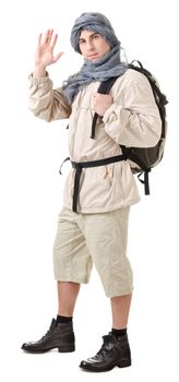 wildman - tourist with backpack on a white background